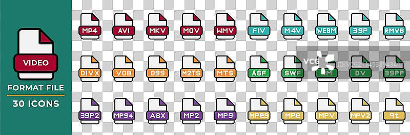 扁平风格的文件格式视频图标集图片素材