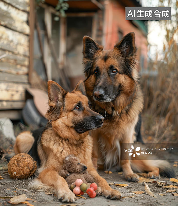 【AI数字艺术】两只德国牧羊犬和一个玩具图片素材
