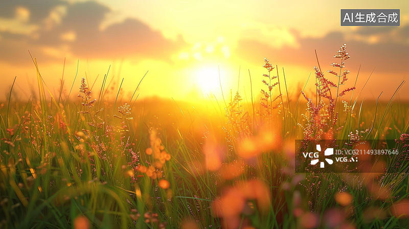 【AI数字艺术】金色夕阳下的宁静草地图片素材