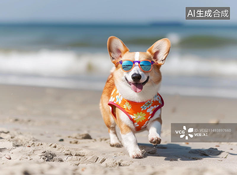【AI数字艺术】一只戴着太阳镜的快乐的小狗在海滩上奔跑图片素材