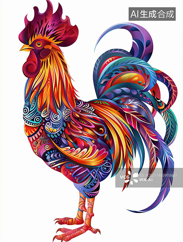 【AI数字艺术】白色背景下彩色公鸡的特写镜头图片素材