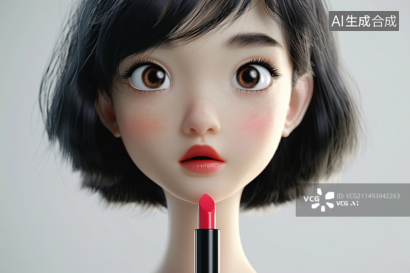 【AI数字艺术】3D亚洲美女拿着口红唇膏图片素材