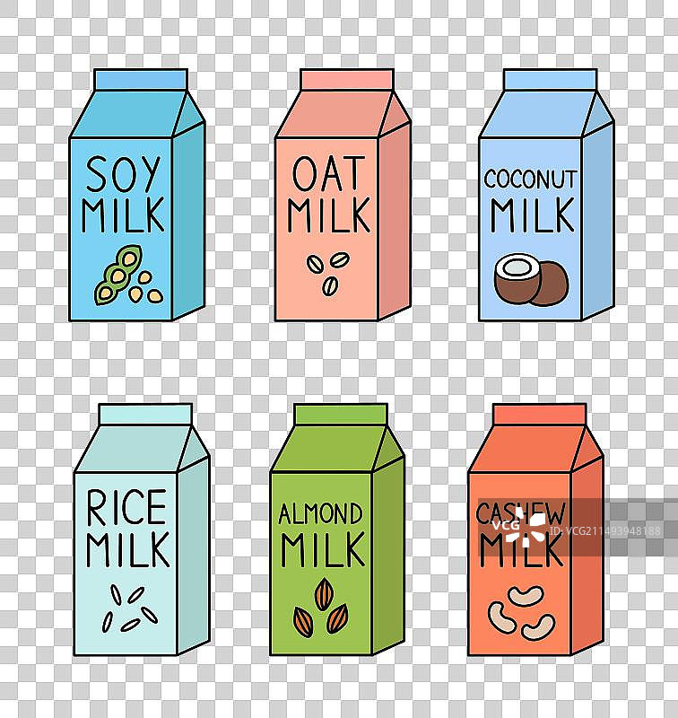 杏仁、大豆、大米、椰子、腰果纯素奶合集图片素材