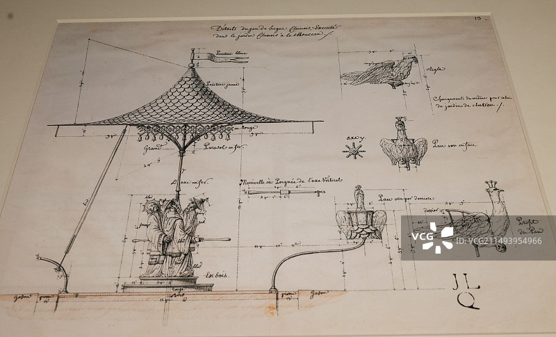 蒙梭公园中式风格旋转椅细节图18世纪羽毛笔画让-雅克·勒科图片素材