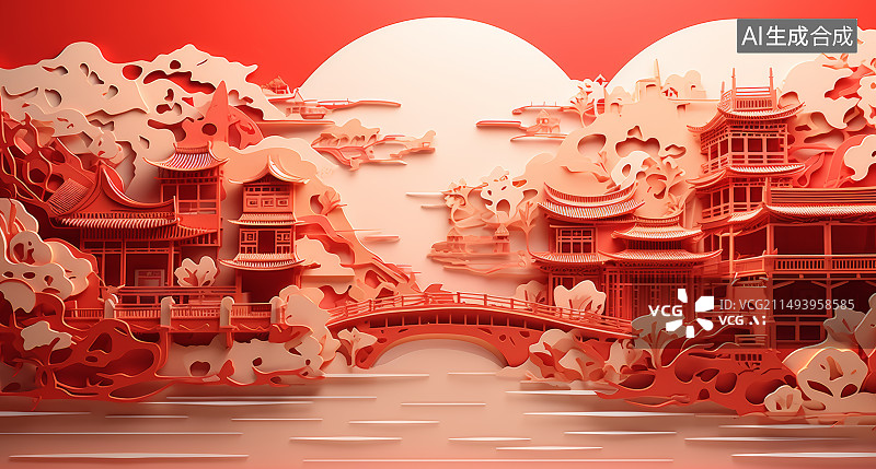 【AI数字艺术】剪纸插画古城景色图片素材
