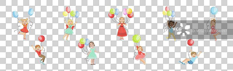 拿着派对气球玩耍的儿童卡通形象图片素材