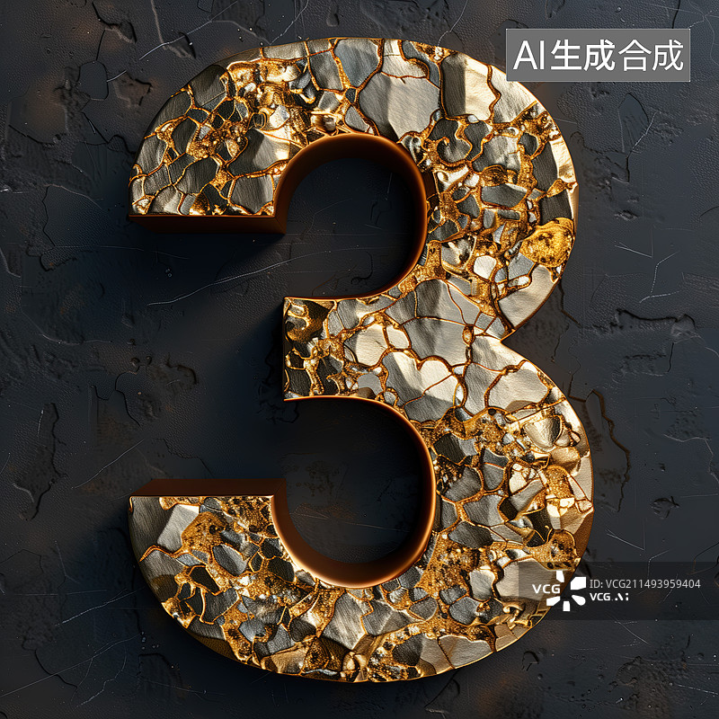 【AI数字艺术】数字3，金属材质，黄金，闪亮，财富图片素材