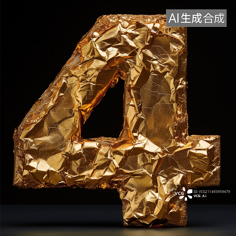 【AI数字艺术】数字4，金属材质，黄金，财富图片素材