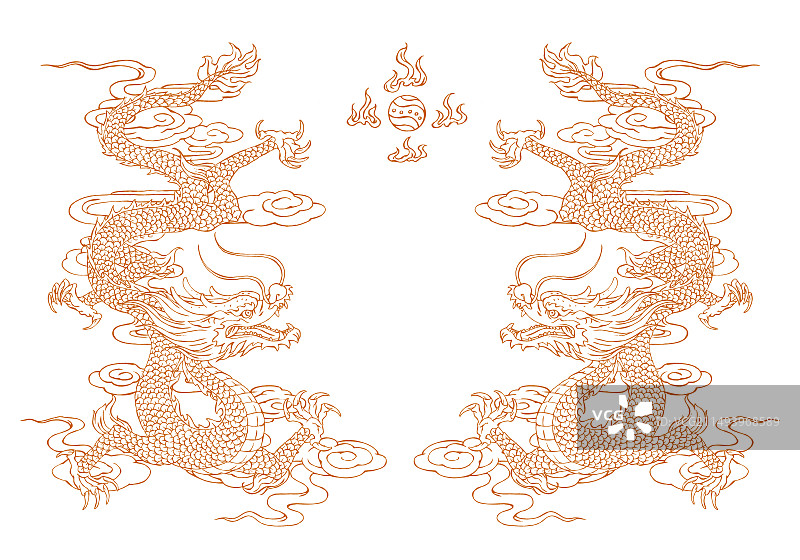 双龙戏珠，传统文化图案，两条在云端飞舞的金龙图片素材