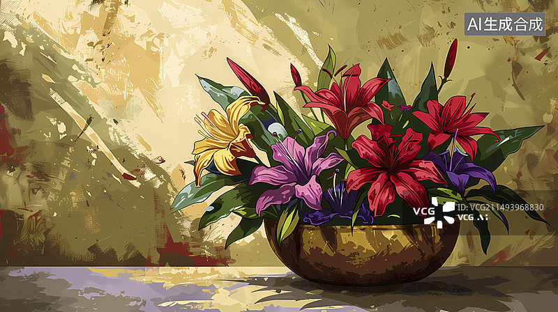 【AI数字艺术】复古彩色盆中花植物图案插画海报背景图片素材