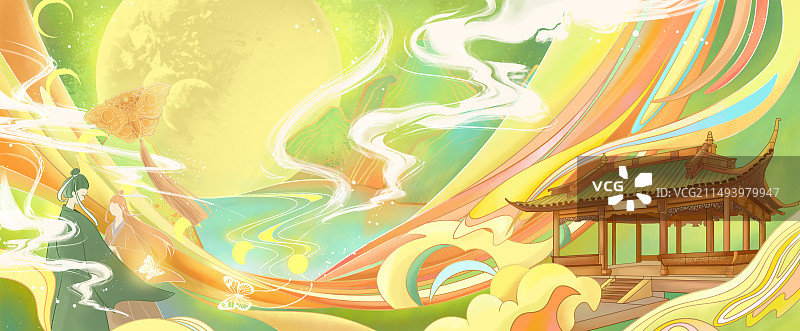 梁山伯与祝英台系列插画-十八相送草桥亭图片素材