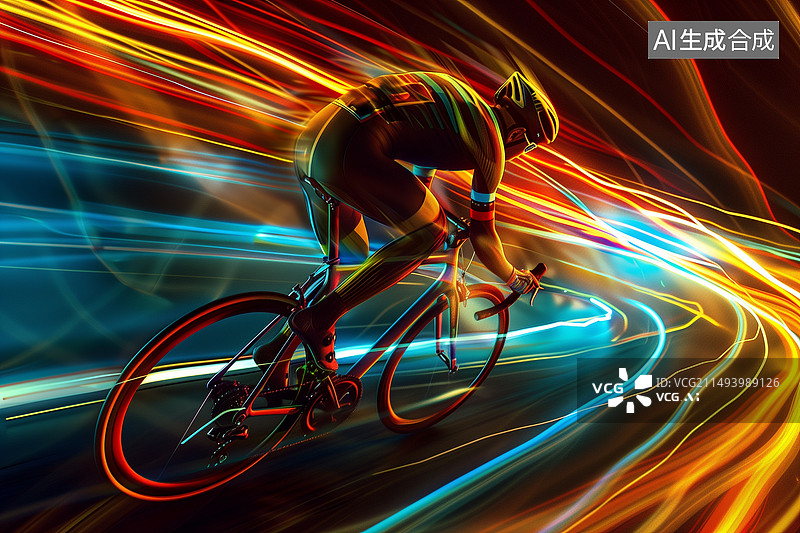 【AI数字艺术】公路自行车骑行发光彩色速度线黑色背景插画图片素材