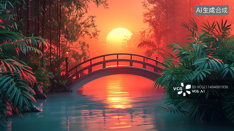 【AI数字艺术】夕阳下的拱桥图片素材