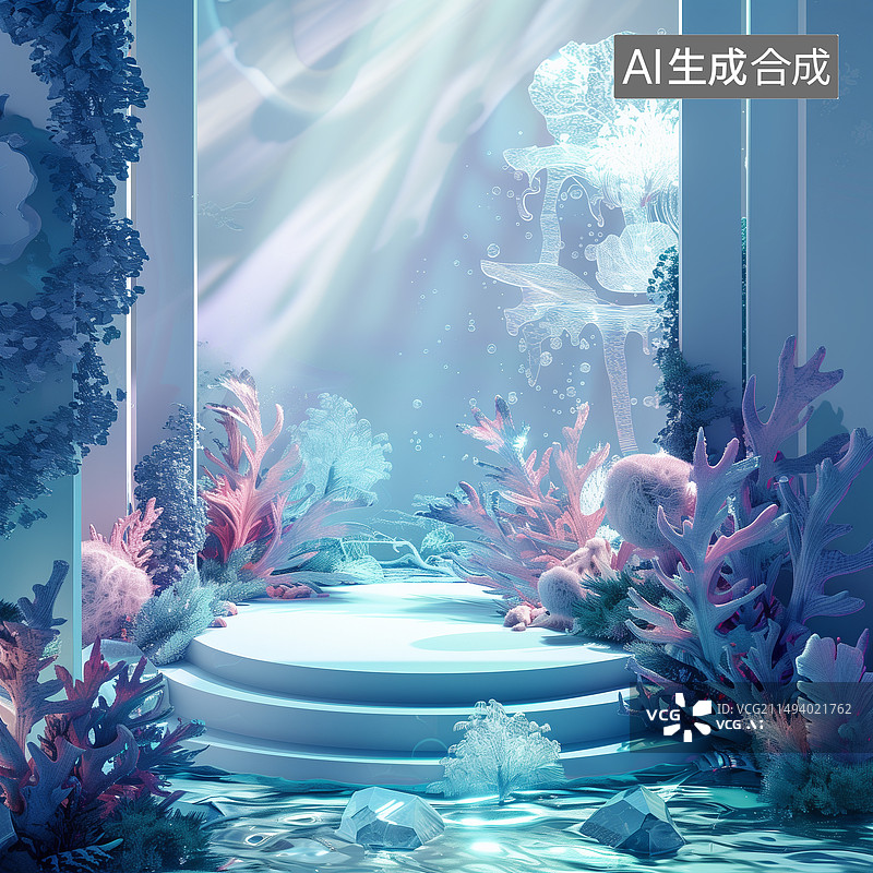 【AI数字艺术】有珊瑚海草的海底水下电商展台3D背景图片素材