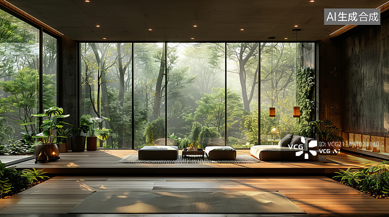 【AI数字艺术】融入自然风光的现代建筑内景图片素材