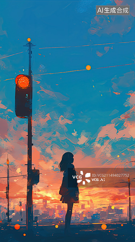 【AI数字艺术】低视角女孩在路边路灯下夕阳黄昏意境背影天空恬静插画图片素材