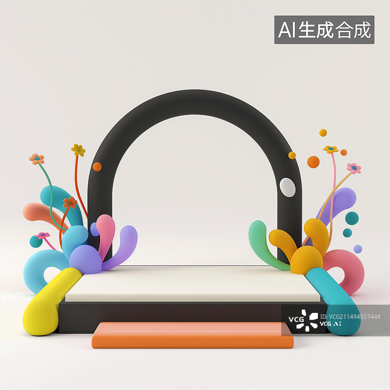 【AI数字艺术】白色背景下彩色植物气球气垫床展台的特写镜头图片素材