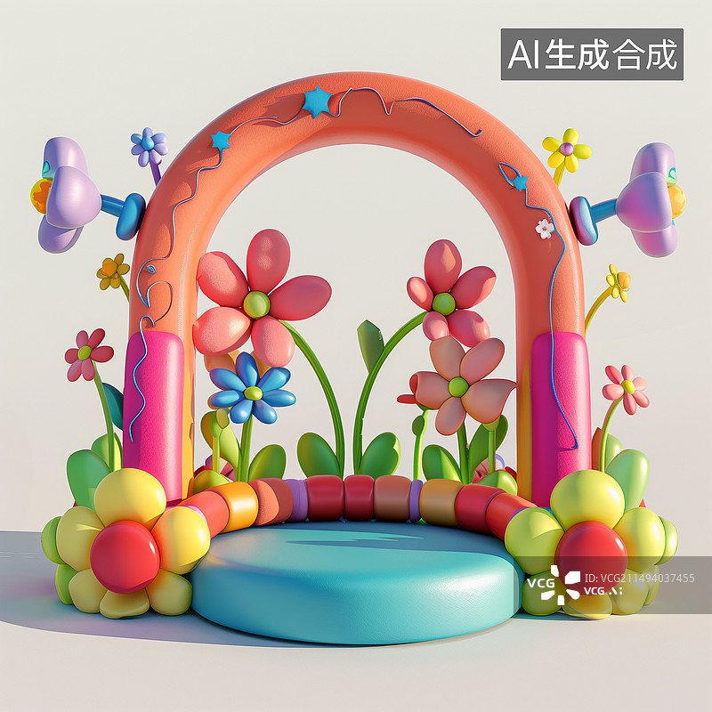 【AI数字艺术】白色背景下彩色植物气球气垫床展台的特写镜头图片素材
