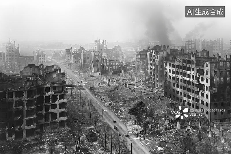 【AI数字艺术】后世界末日城市废墟到处是毁坏的建筑和瓦砾图片素材