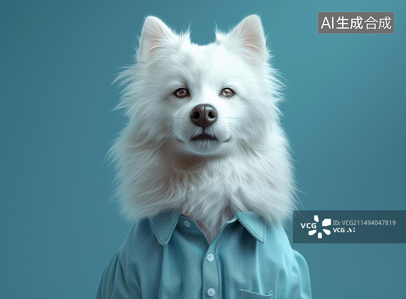 【AI数字艺术】一只穿着蓝色衬衫的白色狗狗图片素材