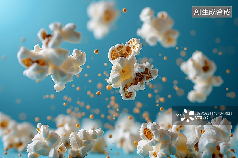 【AI数字艺术】蓝色的背景白色的爆米花在空中飞舞图片素材
