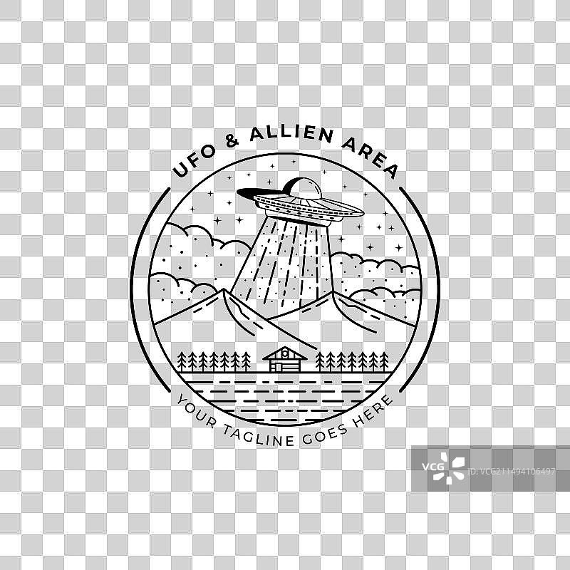 山脉线条艺术标志上的神秘飞行不明飞行物图片素材