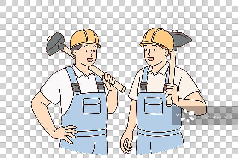 身穿建筑工人制服和安全帽的男人们图片素材