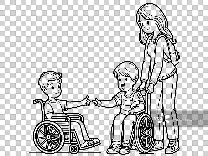 坐在轮椅上的两个男孩和他们的母亲在涂色图片素材