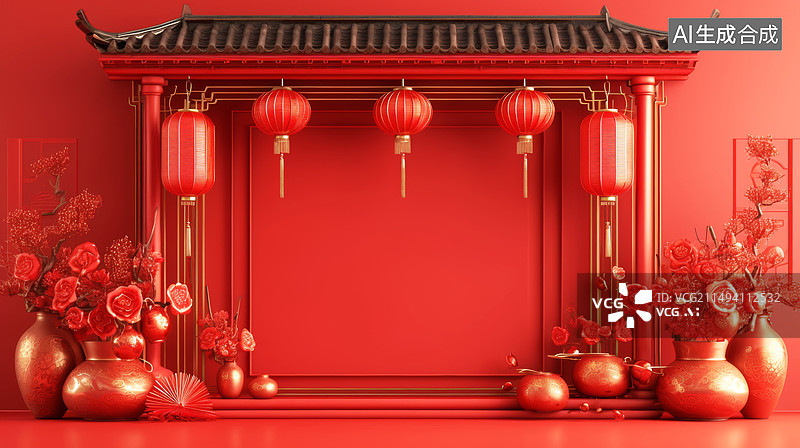 【AI数字艺术】红色喜庆灯笼大鼓展台插画图片素材