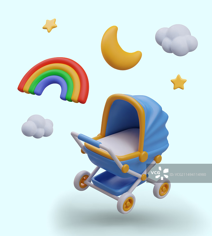 彩色背景上逼真的蓝色空童车图片素材