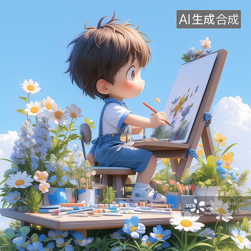 【AI数字艺术】3D，在花间草地画画的男孩，插图，儿童节图片素材