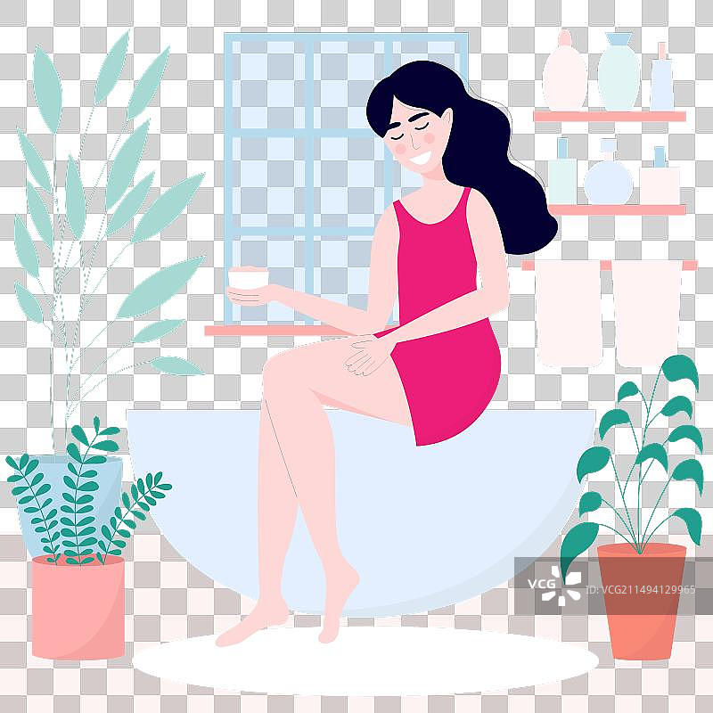 微笑的女人坐在浴室里图片素材