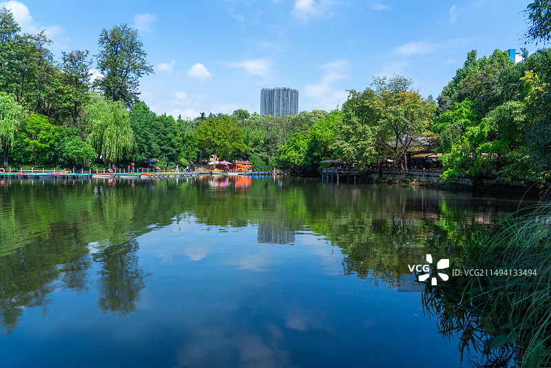 初夏蓝天下的成都人民公园图片素材
