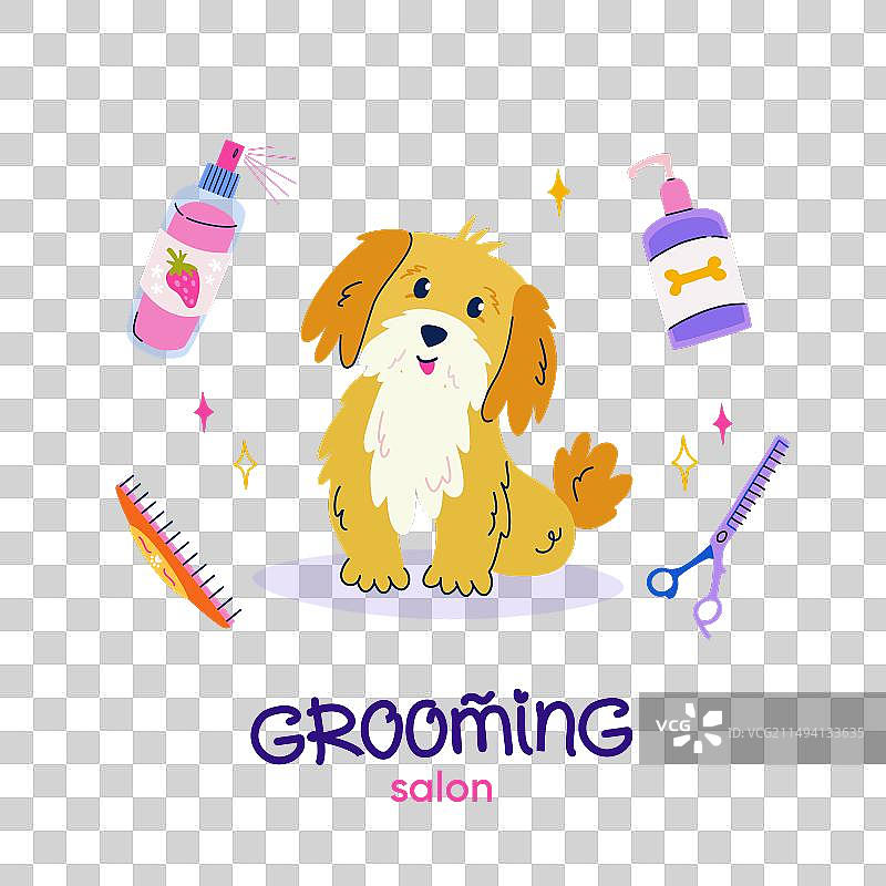 扁平卡通风格的宠物美容店快乐小狗图片素材