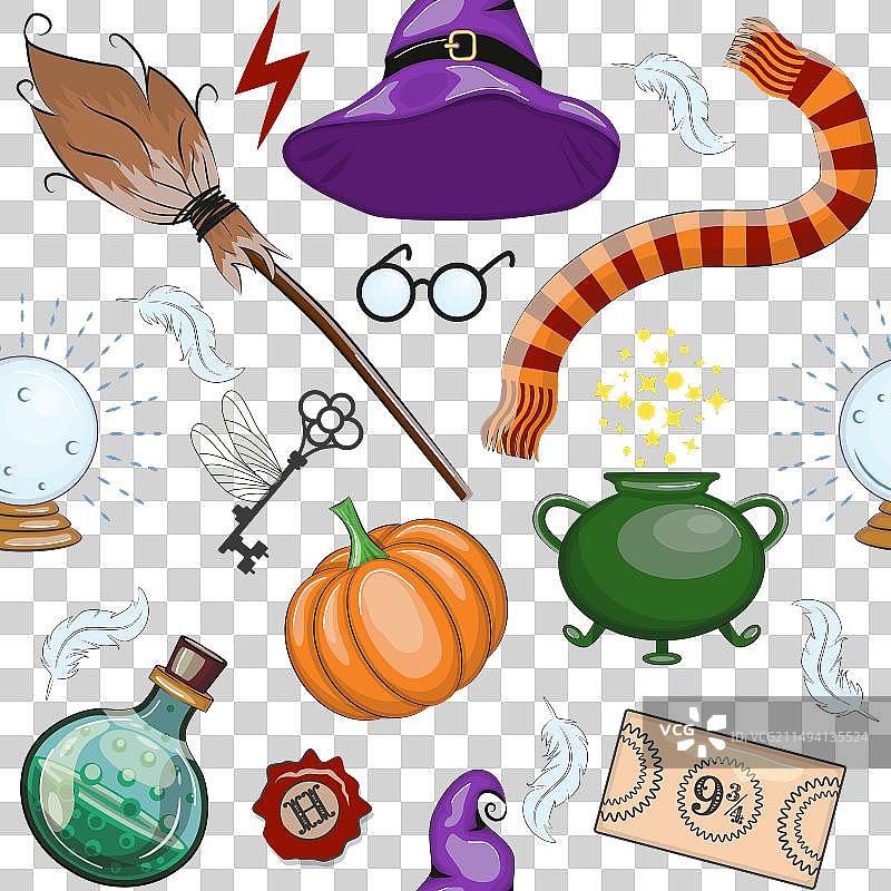 扁平风格的魔法物品无缝图案图片素材