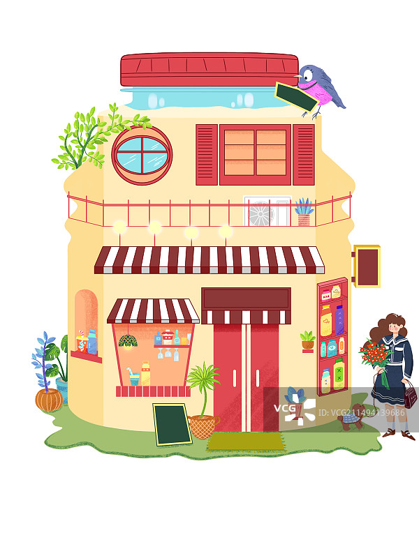 建筑小店茶馆饮料绿植女孩卡通温馨插画图片素材