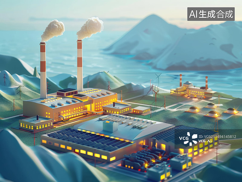 【AI数字艺术】三维卡通形象现代工业发电站图片素材