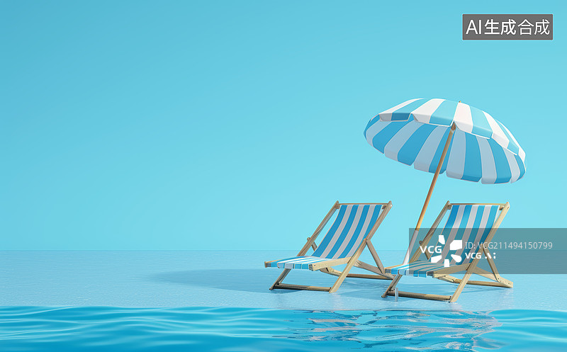 【AI数字艺术】海滩上的遮阳伞和沙滩椅图片素材