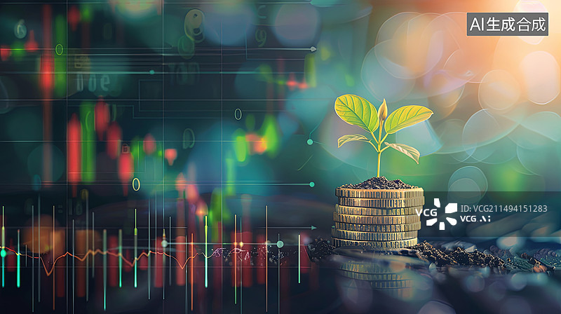 【AI数字艺术】金币，小植物幼苗从中生长出来。背景是向上的股票图表。图片素材