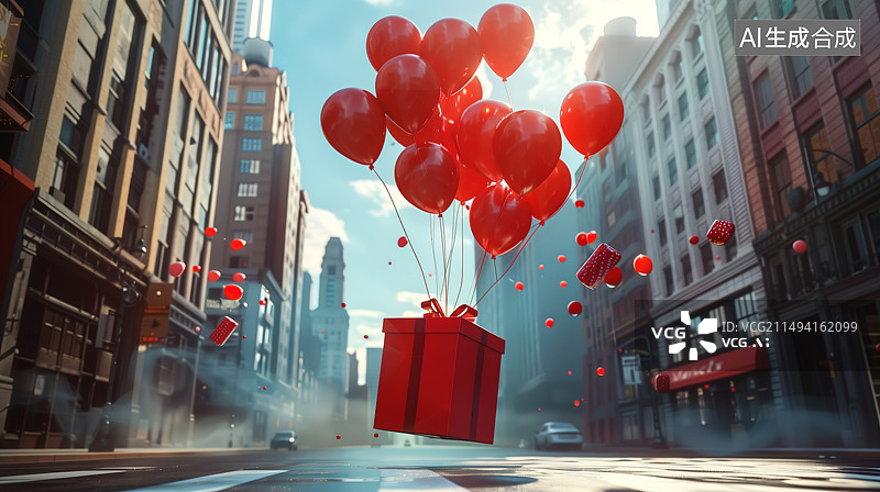 【AI数字艺术】城市街道飘着一个巨型礼物盒图片素材
