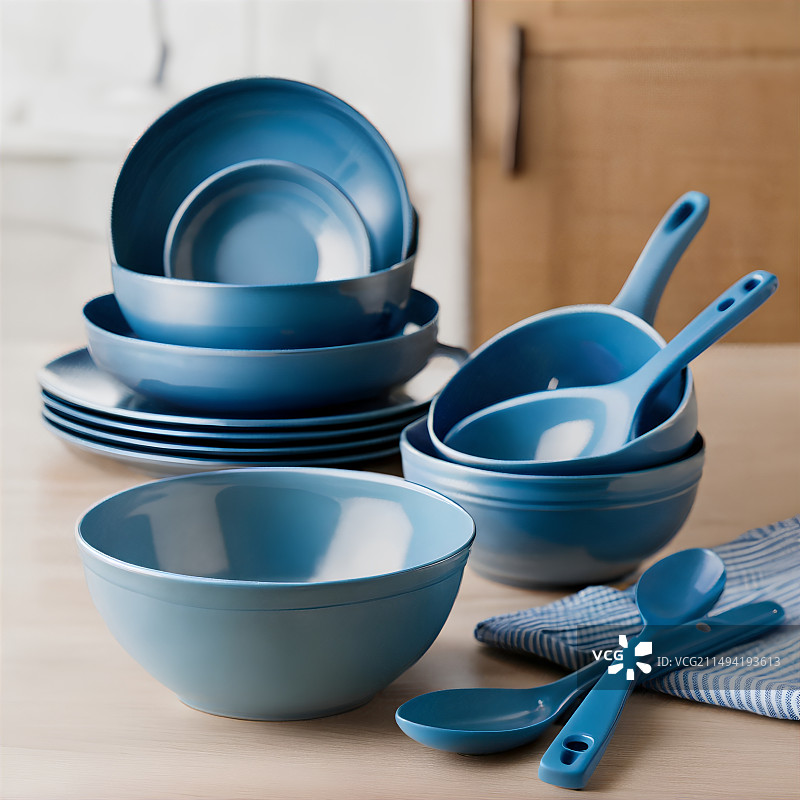 蓝色碗碟 厨房工具图片素材