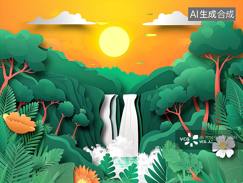 【AI数字艺术】剪纸风插画——山林里的瀑布图片素材