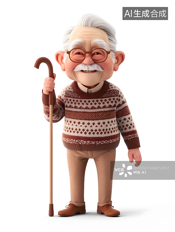 【AI数字艺术】3D立体拄着拐杖头发花白的老爷爷图片素材
