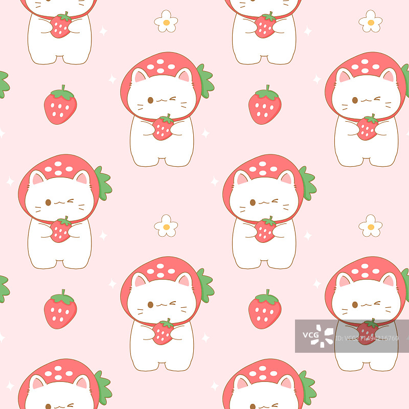 草莓与猫咪四方连续图图片素材
