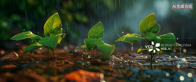【AI数字艺术】雨中树苗在泥土里插画图片素材