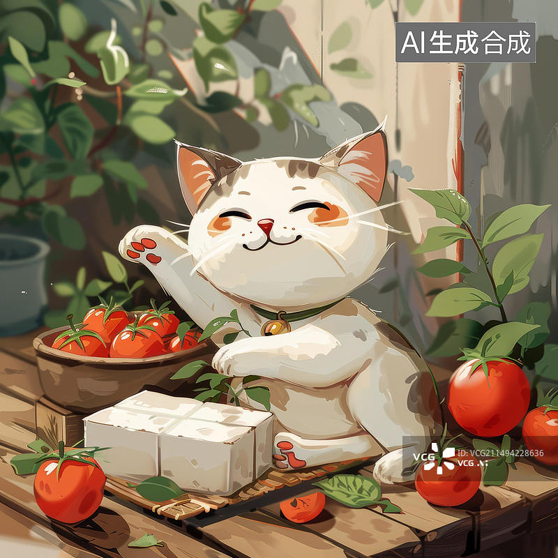 【AI数字艺术】一只可爱的小猫坐在西红柿和豆腐花园里图片素材