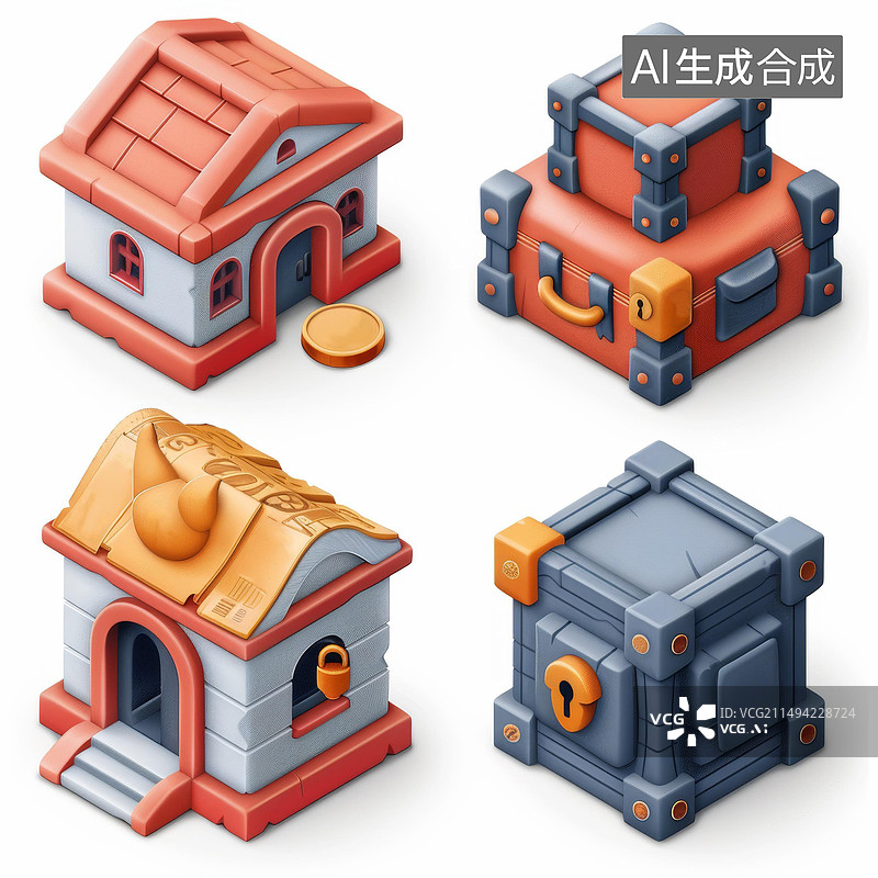 【AI数字艺术】带有宝箱和房屋的可爱图标图片素材