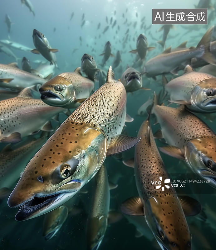 【AI数字艺术】一群大西洋鲑鱼在一个网箱里图片素材