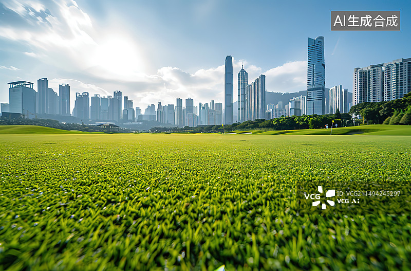 【AI数字艺术】城市天际线与公园草地图片素材