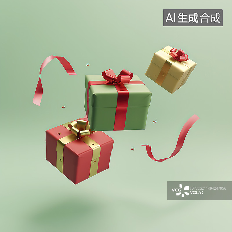 【AI数字艺术】绿色背景上的圣诞礼物和礼物特写镜头图片素材